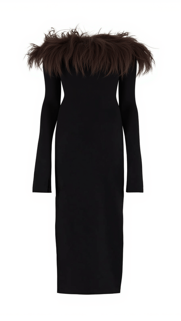 AIIZIE BLANCHE OFF SHOULDER FEATHER TRIMMED MIDI DRESS IN BLACK - product image