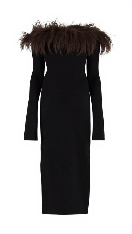 ABITO MIDI BLANCHE CON SPALLE SCOPERTE E BORDI IN PIUME NERO