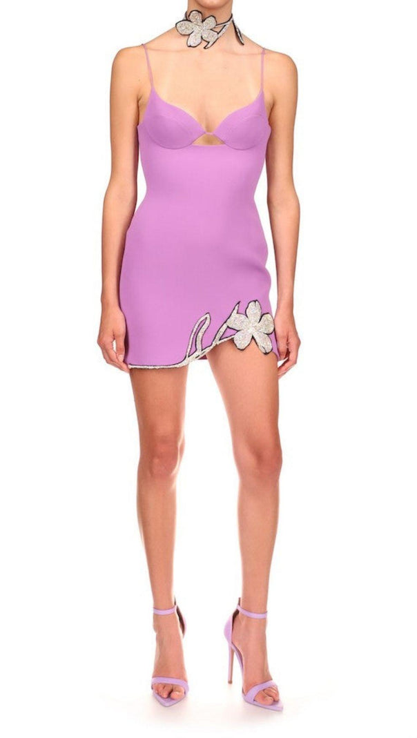 AIIZIE CRYSTAL FLOWER MINI DRESS IN PURPLE - product image