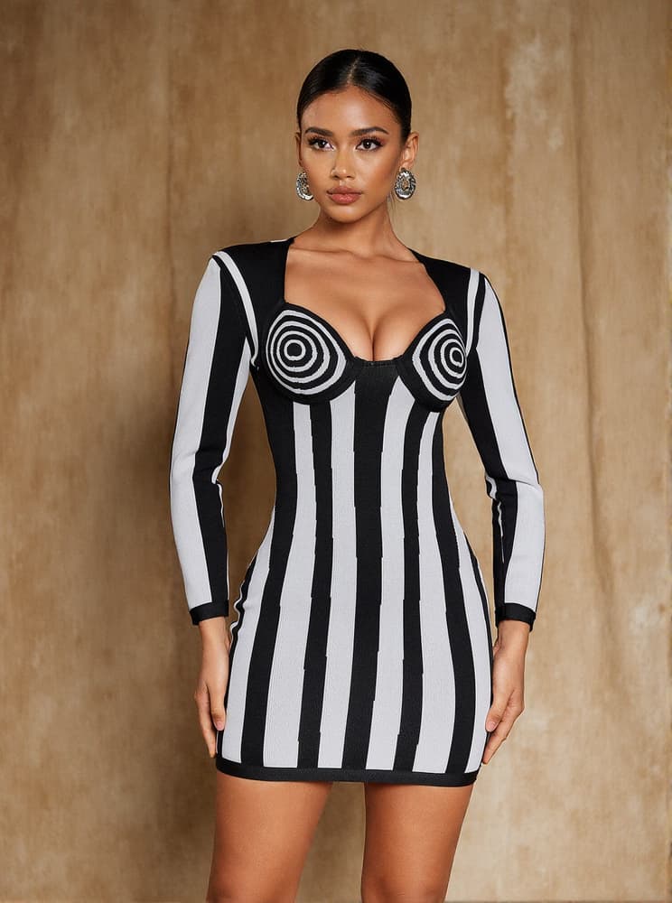 Nehir Long Sleeve Stripe Bandage Mini Dress