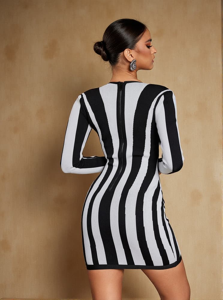 Nehir Long Sleeve Stripe Bandage Mini Dress