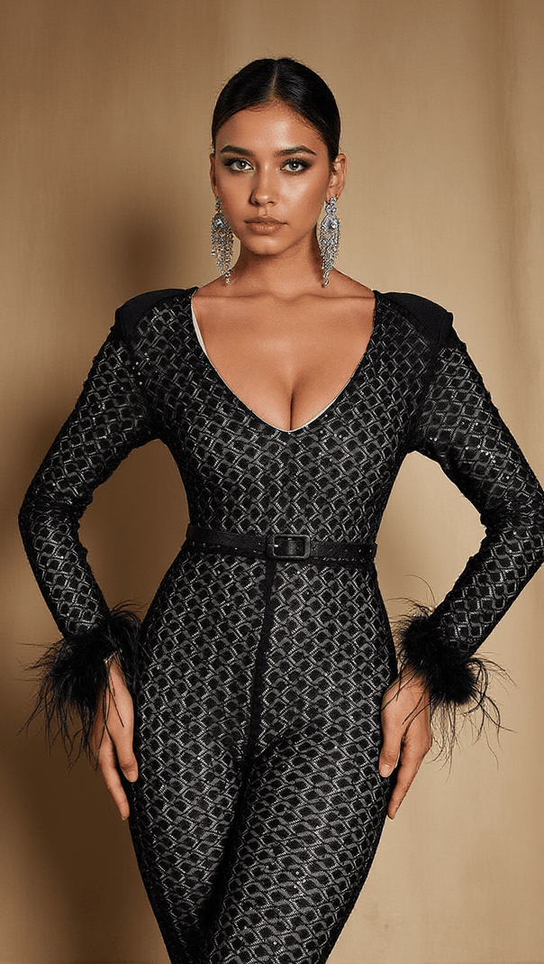 AIIZIE ORWELL LONG SLEEVE FEATHER JUMPSUIT - product image