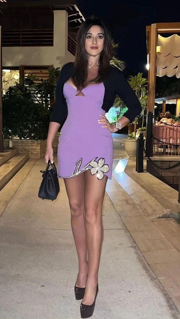 AIIZIE CRYSTAL FLOWER MINI DRESS IN PURPLE - product image