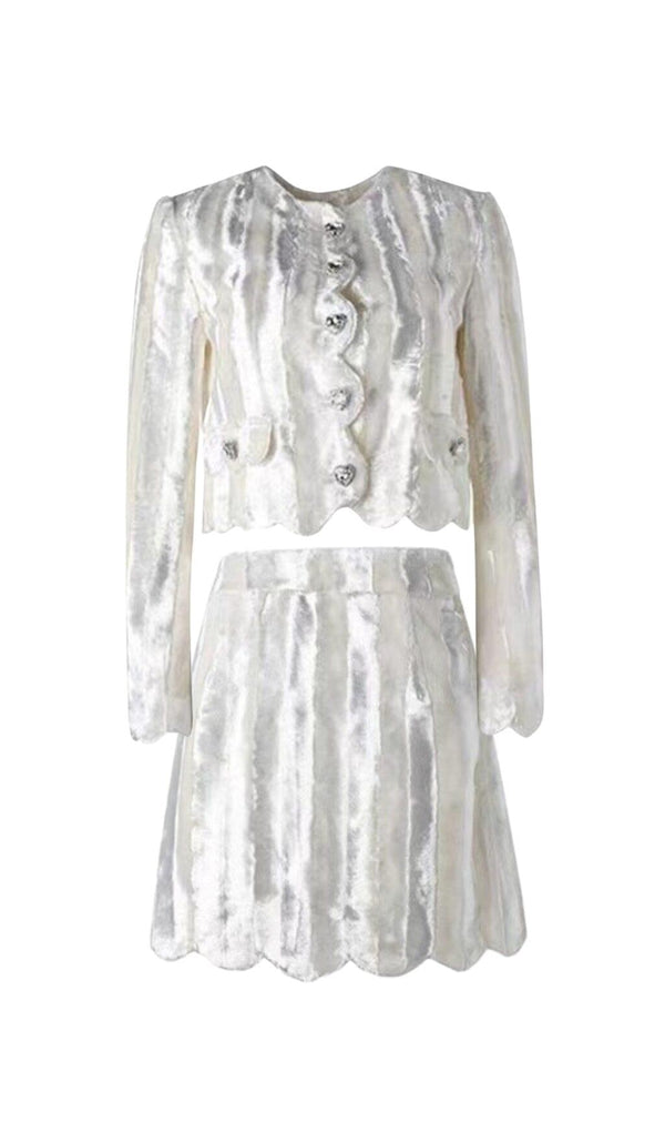 VELVET RHINESTONE BUCKLE WHITE SUITS DIAMOND MINI TWO-PIECE