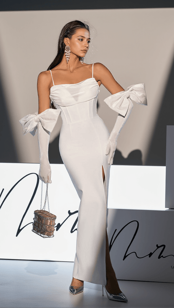 AIIZIE KODY BOW BACK BANDAGE DRESS WITH GLOVES - product image