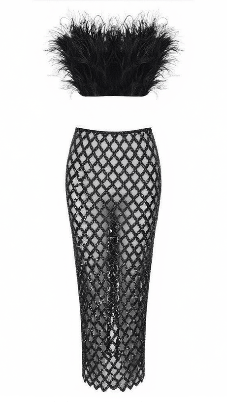 ANSLEY STRAPLESS FEATHER MESH SKIRT SET IN BLACK