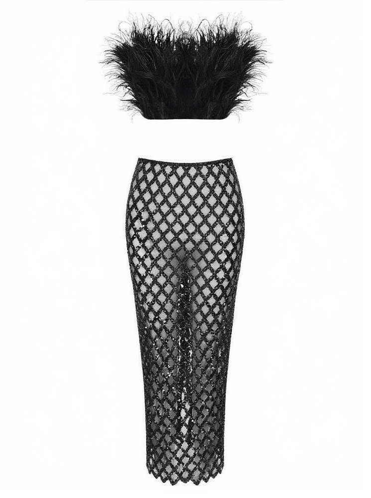 AIIZIE ANSLEY STRAPLESS FEATHER MESH SKIRT SET IN BLACK - product image