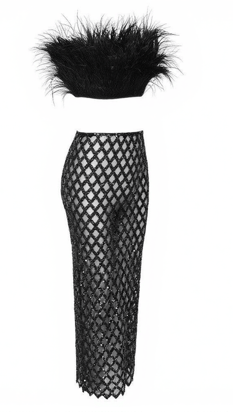 ANSLEY STRAPLESS FEATHER MESH SKIRT SET IN BLACK