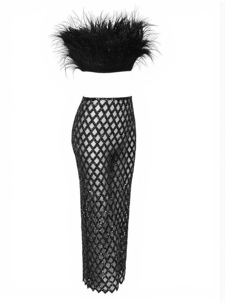 AIIZIE ANSLEY STRAPLESS FEATHER MESH SKIRT SET IN BLACK - product image