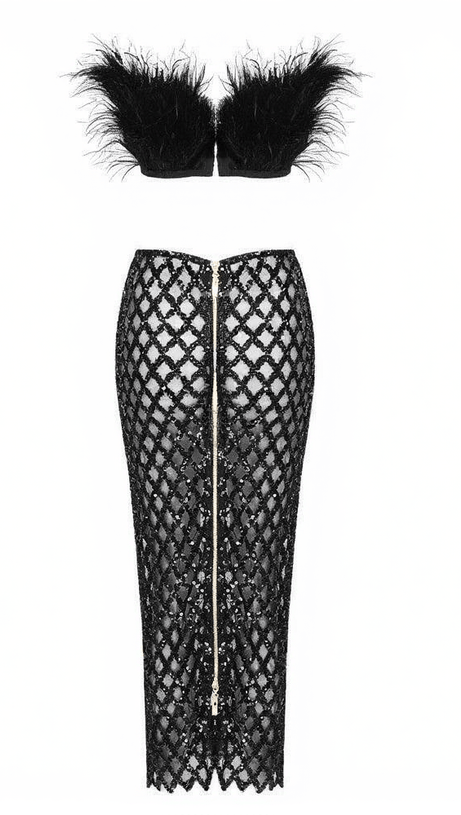 ANSLEY STRAPLESS FEATHER MESH SKIRT SET IN BLACK