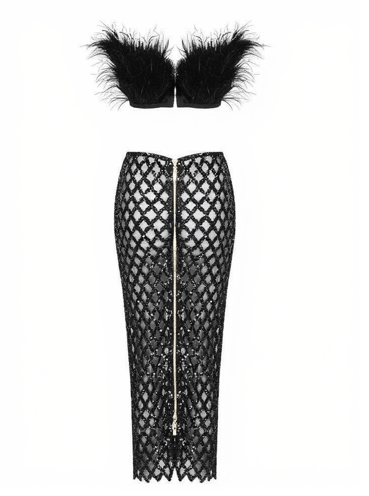 AIIZIE ANSLEY STRAPLESS FEATHER MESH SKIRT SET IN BLACK - product image