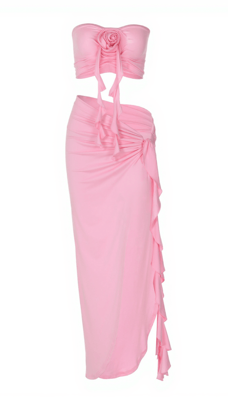 ARRIETTY FLOWER DRAPED SPLIT SKIRT SET IN PINK