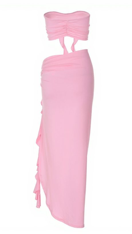 ARRIETTY FLOWER DRAPED SPLIT SKIRT SET IN PINK