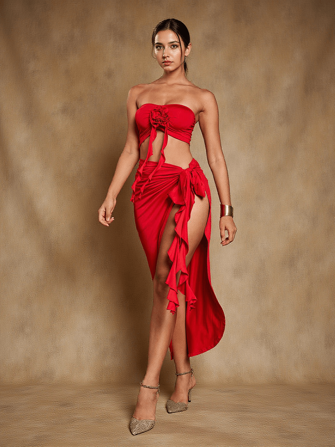 ARRIETTY FLOWER DRAPED SPLIT SKIRT SET IN RED