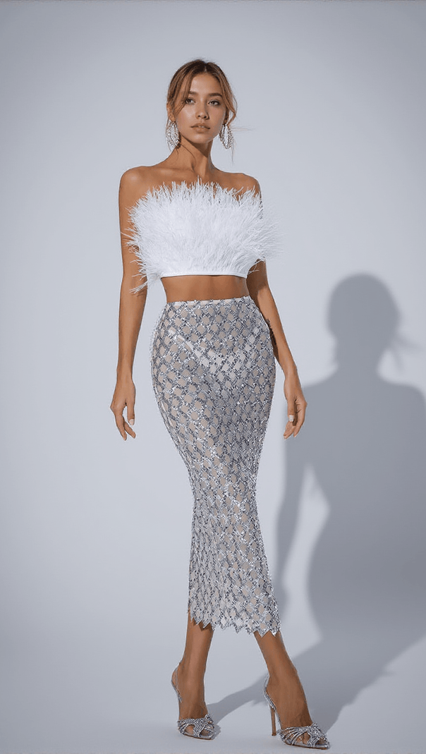 AIIZIE ANSLEY STRAPLESS FEATHER MESH SKIRT SET IN WHITE - product image
