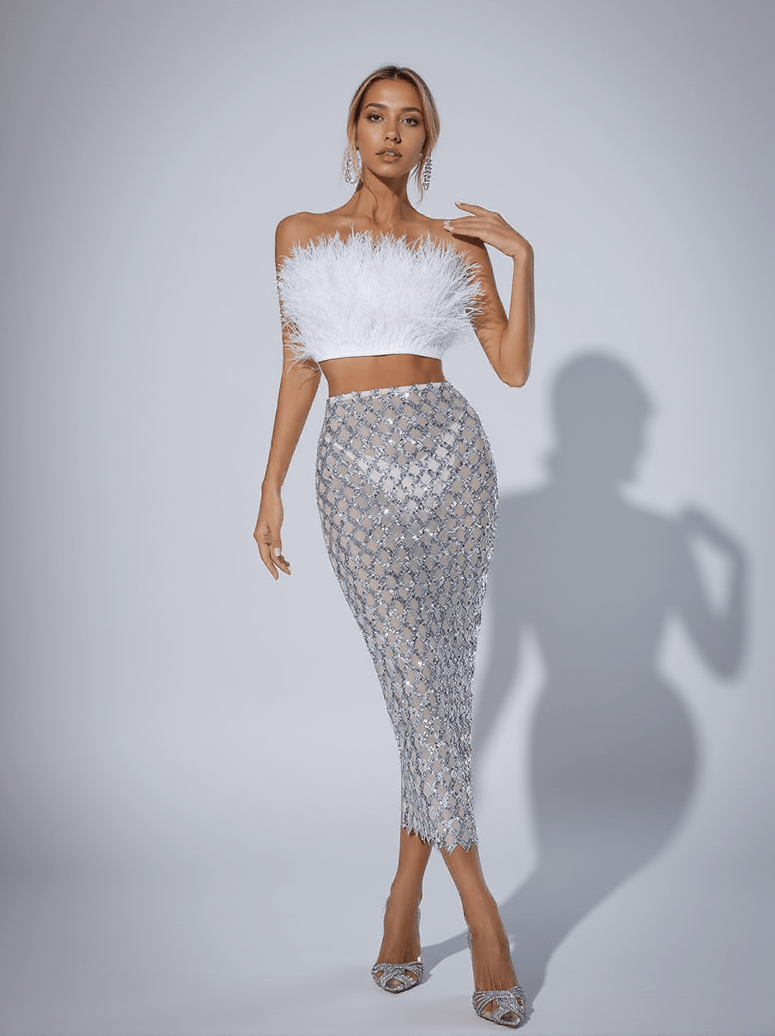 ANSLEY STRAPLESS FEATHER MESH SKIRT SET IN WHITE