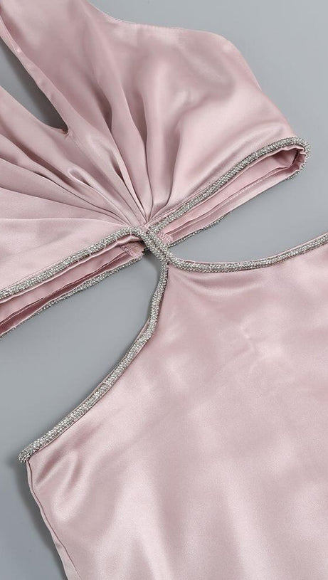 CROSS OVER CUT OUT SATIN MINI DRESS IN PINK