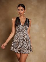 Dusty Patchwork Leopard Satin Mini Dress