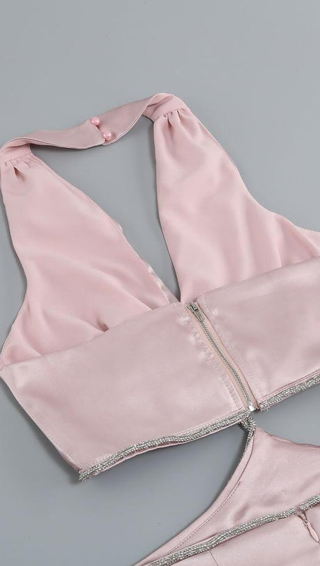 CROSS OVER CUT OUT SATIN MINI DRESS IN PINK