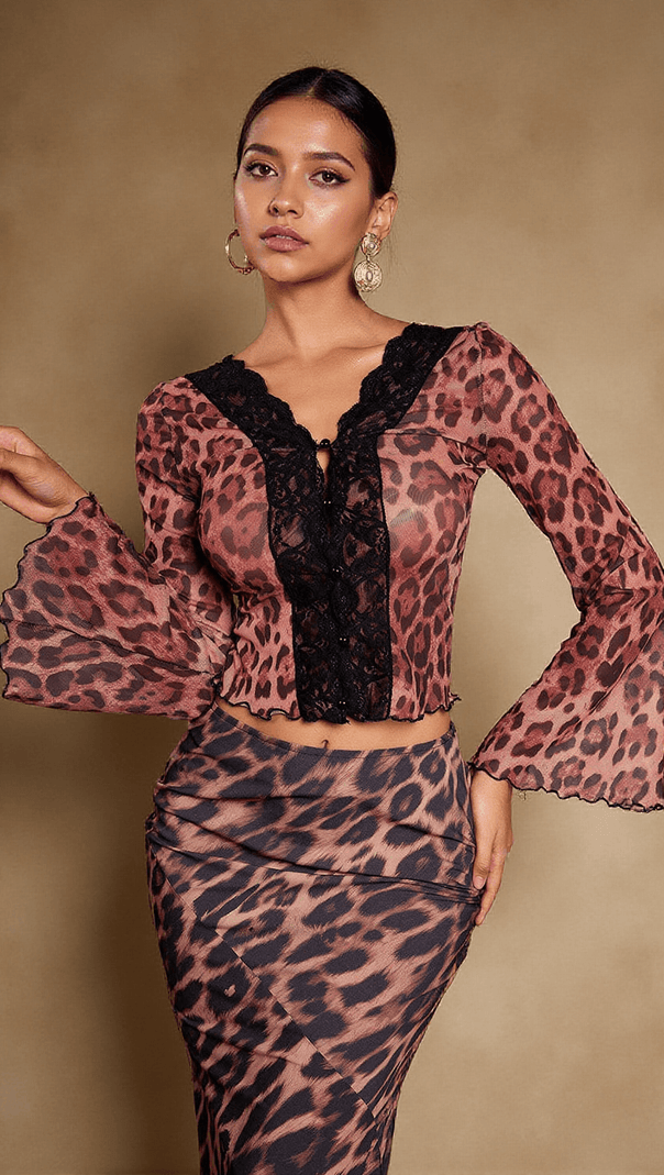 AIIZIE ELESTREN FLOUNCE SLEEVE LEOPARD TOP - product image