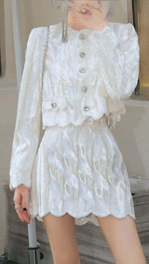 AIIZIE VELVET RHINESTONE BUCKLE WHITE SUITS DIAMOND MINI TWO-PIECE - product image