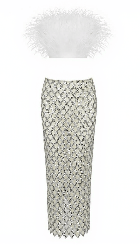 ANSLEY STRAPLESS FEATHER MESH SKIRT SET IN WHITE