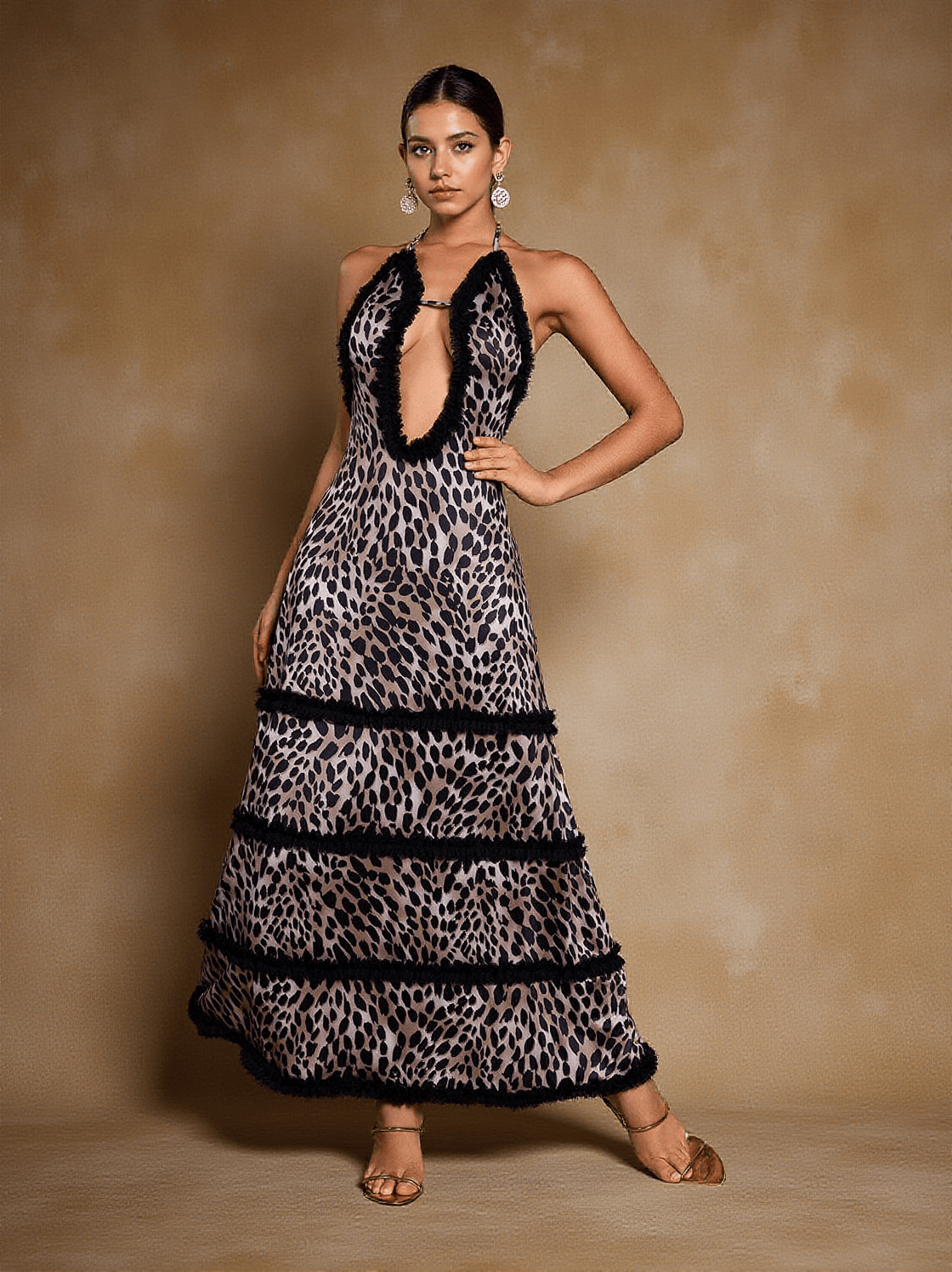 SUDEN BACKLESS TULLE CORDED LEOPARD MAXI DRESS