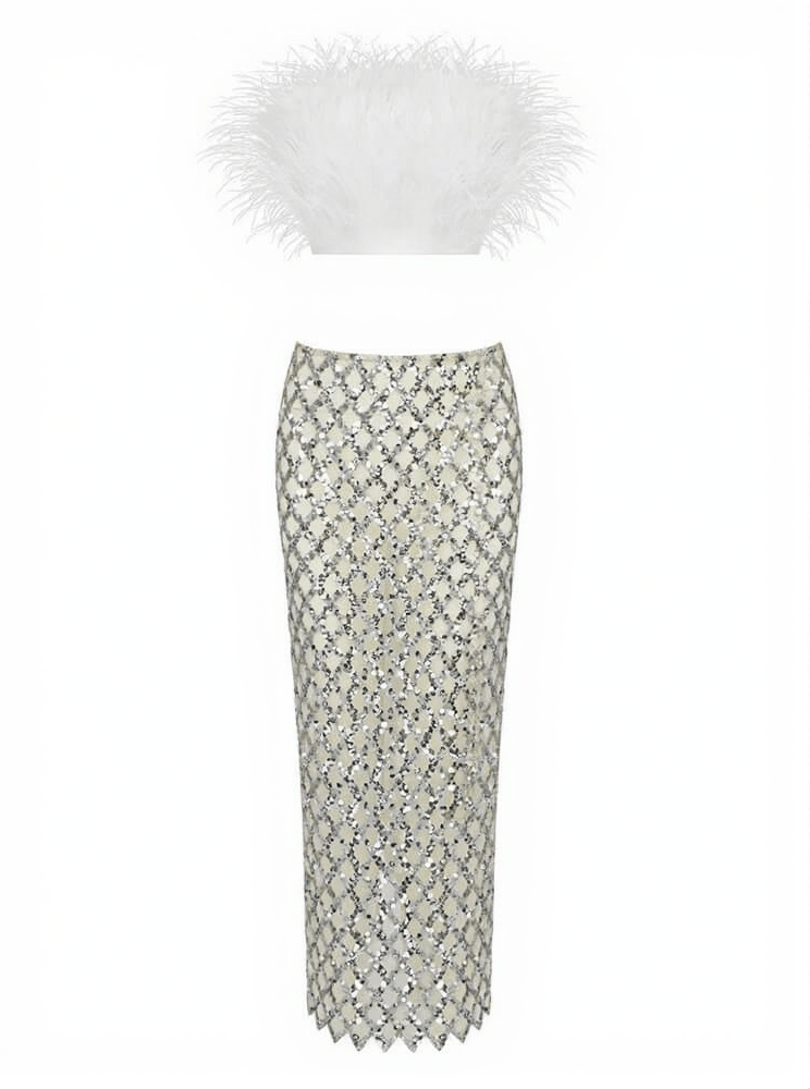 Ansley Strapless Feather Mesh Skirt Set In White