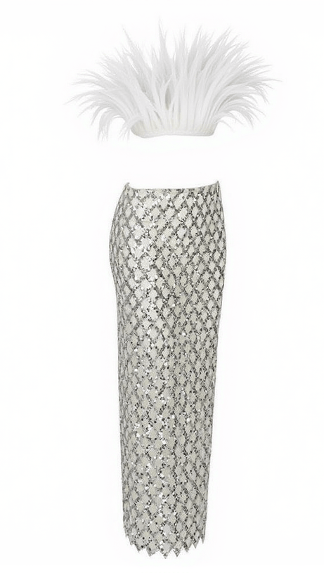 ANSLEY STRAPLESS FEATHER MESH SKIRT SET IN WHITE