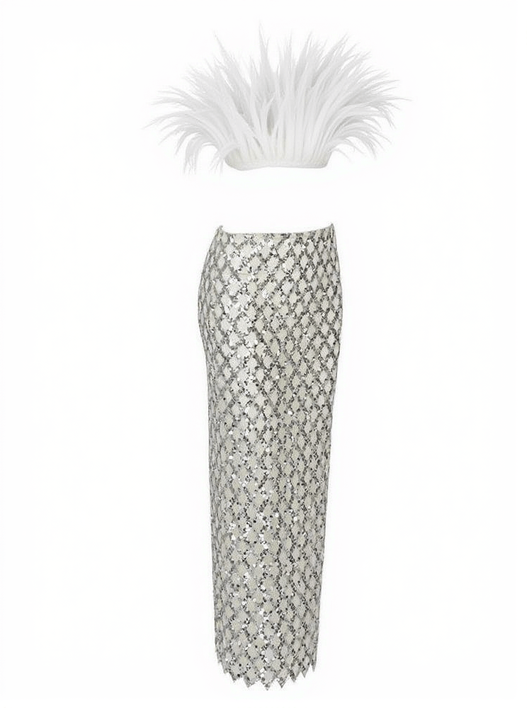 AIIZIE ANSLEY STRAPLESS FEATHER MESH SKIRT SET IN WHITE - product image