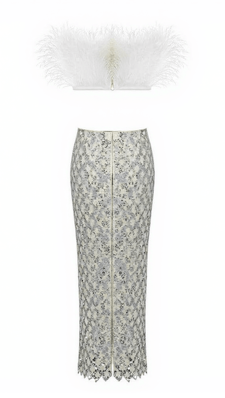 ANSLEY STRAPLESS FEATHER MESH SKIRT SET IN WHITE