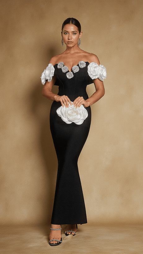 EVIAN OFF SHOULDER FLOWER BANDAGE MAXI DRESS