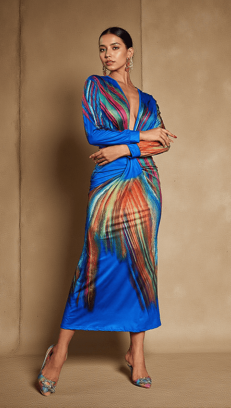 SUZANNE V NECK PRINTED SATIN MIDI DRESS