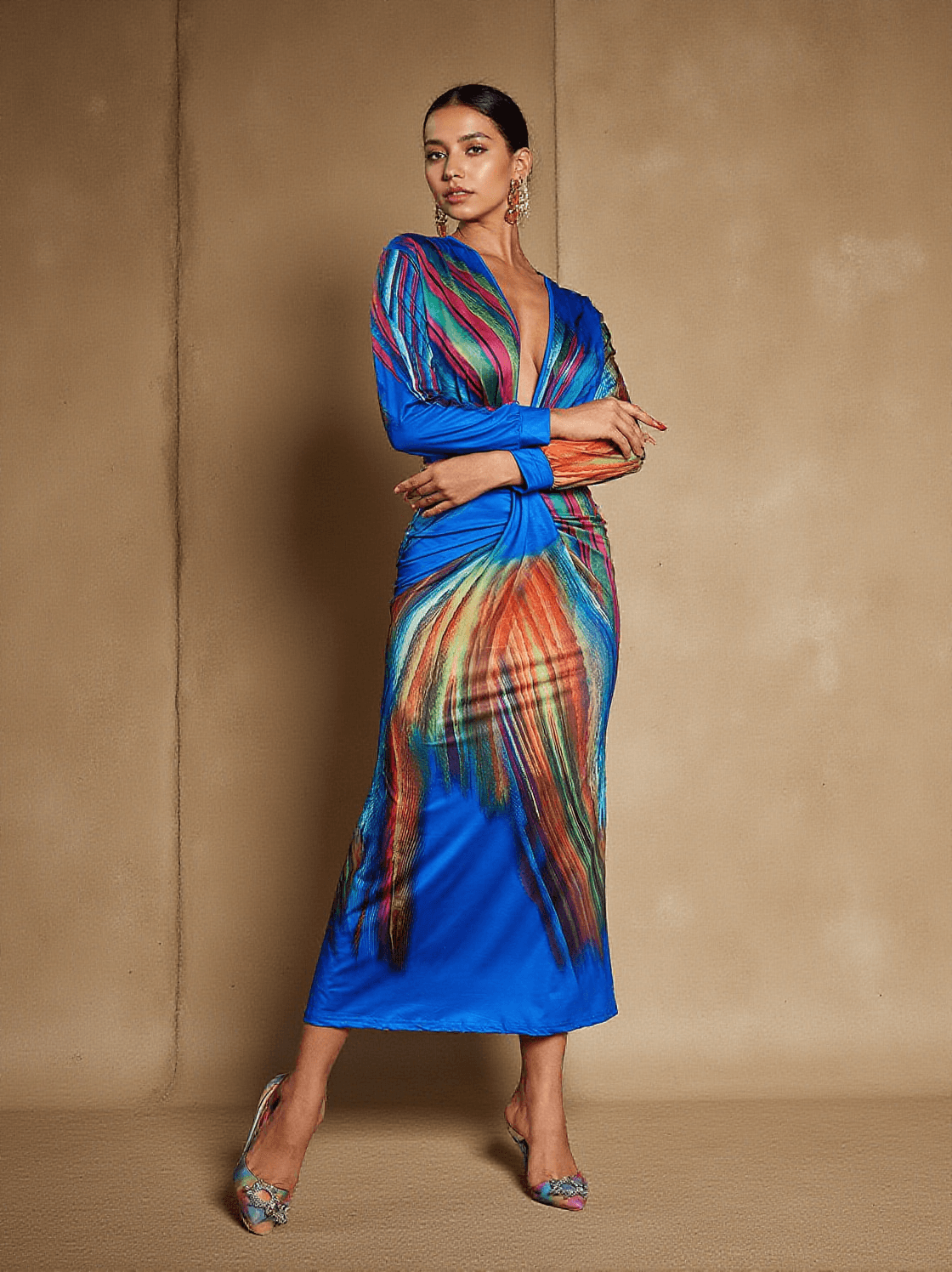 SUZANNE V NECK PRINTED SATIN MIDI DRESS