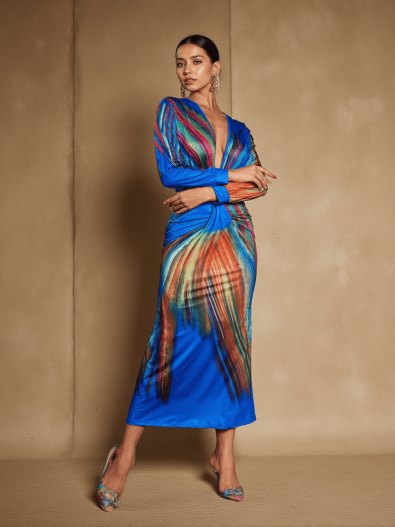 Suzanne V Neck Printed Satin Midi Dress