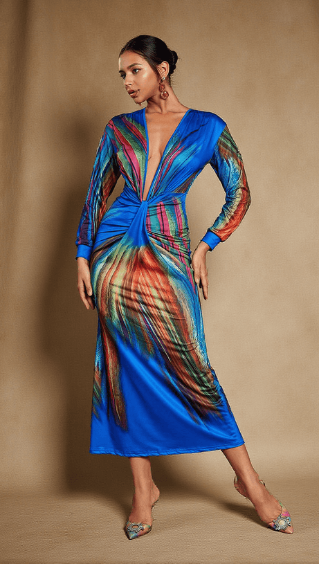 SUZANNE V NECK PRINTED SATIN MIDI DRESS