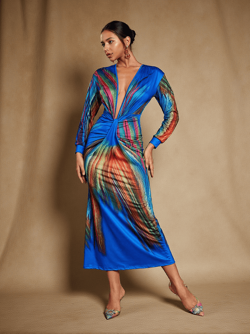 Suzanne V Neck Printed Satin Midi Dress