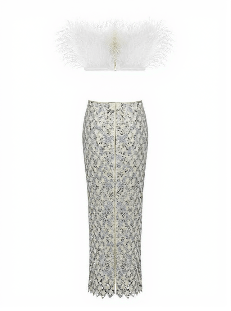 Ansley Strapless Feather Mesh Skirt Set In White