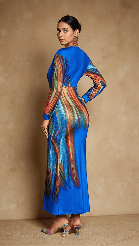 SUZANNE V NECK PRINTED SATIN MIDI DRESS