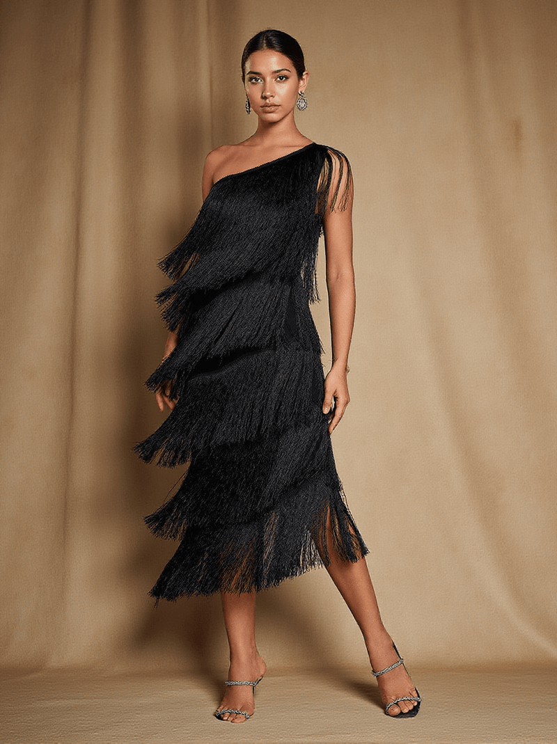 Stiorra One Shoulder Fringe Midi Dress