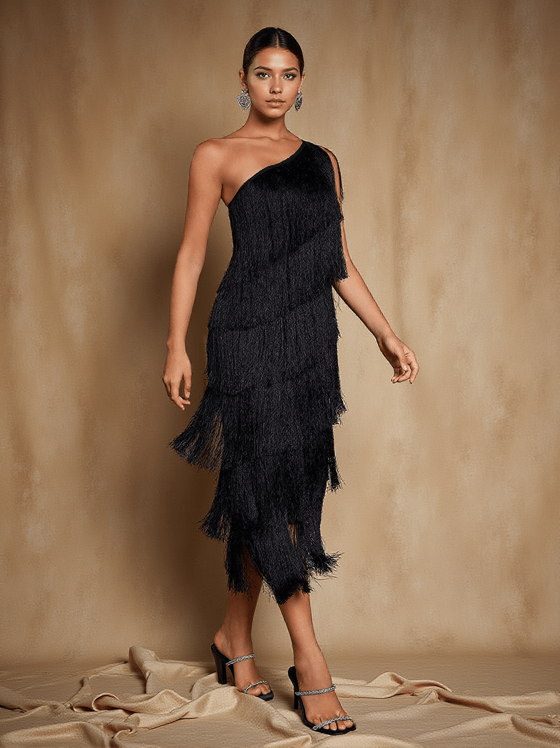 STIORRA ONE SHOULDER FRINGE MIDI DRESS