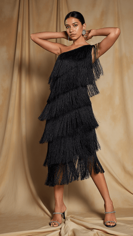 STIORRA ONE SHOULDER FRINGE MIDI DRESS