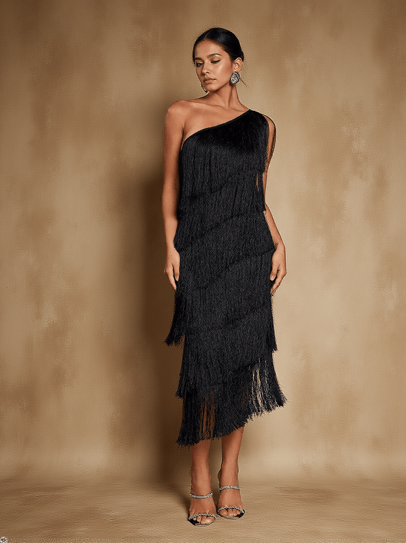 Stiorra One Shoulder Fringe Midi Dress