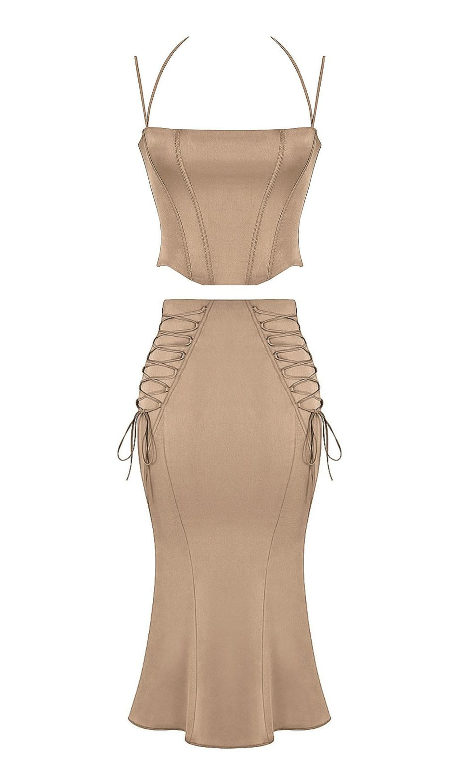ZWEITEILIGES MIDIKLEID AUS SATIN IN BRAUN