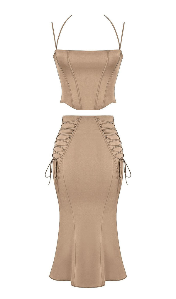 SATIN TWO PIECE MIDI DRESS IN BROWN