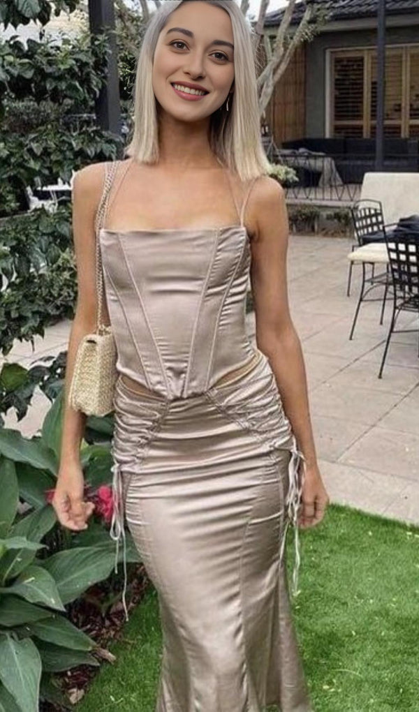 SATIN TWO PIECE MIDI DRESS IN BROWN