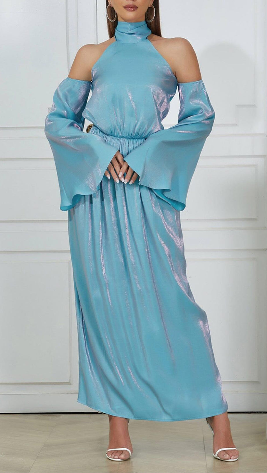 COLD SHOULDER RUMPET SLEEVE MIDI DRESS