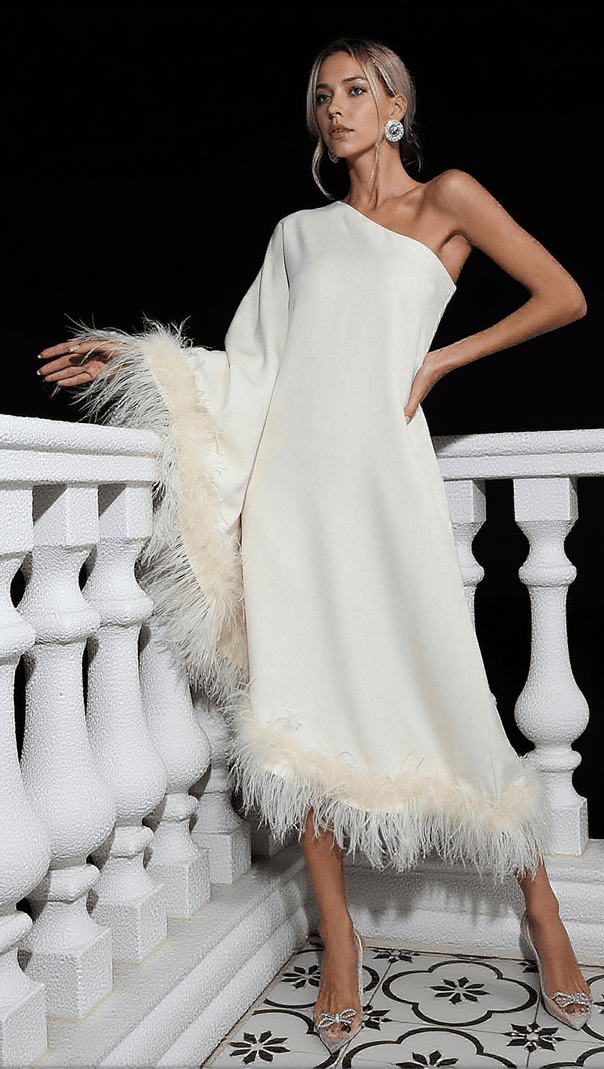Ceridwen One Shoulder Feather Trimmed Midi Dress in White