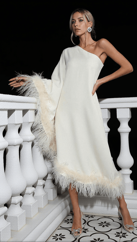 ABITO MIDI MONOSPALLA CON BORDI IN PIUME CERIDWEN BIANCO