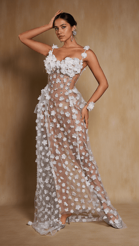 OKSANA SPAGHETTI FLOWER CORSET MAXI DRESS